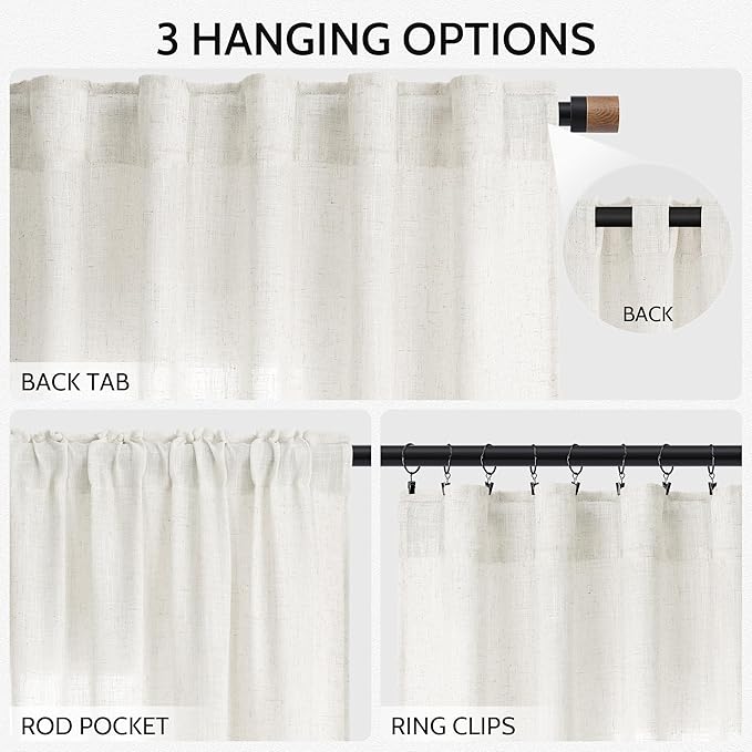 Nanspring Neutral Linen Curtains 80 Inch Length for Living Room Light Filtering Semi Sheer Curtain Coastal Modern Farmhouse Decor Drapes for Bedroom Back Tab and Rod Pocket 52x80, 2 Panels