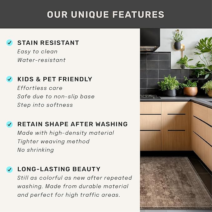 Brown Boho Washable 2x7 Runner Rugs for Hallway Kitchen Bedroom Beside Laundry Room Bathroom Rug, Pet & Kids Friendly, Non Slip Low Pile Stain Resistant Soft Faux Wool Long Dark Earthy Floor Carpet