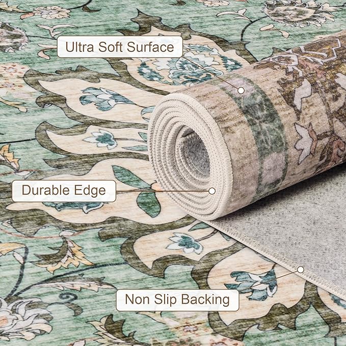 2x3 Area Rugs Living Room Rug: Washable Vintage Distressed Floral Rug No Slip Stain Resistant Soft Carpet Indoor Large Carpets for Bedroom Dining Room Farmhouse Nursery Hallway Home Office Brown Green