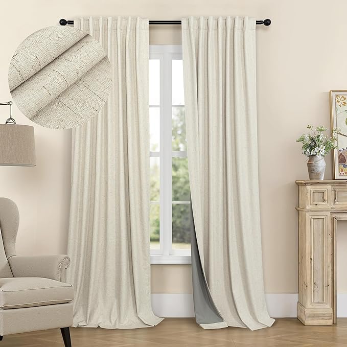 Pitalk 132 Inch Extra Long Living Room Curtains for Large Window Darkening Blackout Linen Drape Back Tab Pleated Black Out Floor to Ceiling Curtain for Patio Sliding Doors 11 FT Length 2 Panel Beige