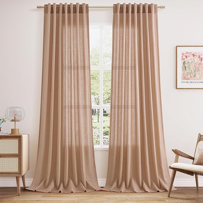 Nanspring Peach Linen Curtains 96 Inches Long Set for Baby Girl Bedroom Back Tab Rod Pocket Semi Sheer Light Filtering Drape for Bedroom Home Decor Protect Privacy 52x96,2 Panels