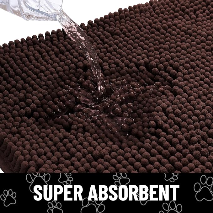 Smiry Dog Door Mat for Muddy Paws, Absorbent Dirt Trapper Non Slip Quick Dry Washable Chenille Mat for Mud Dogs, Entry Rug for Indoor and Outdoor (40x24 Inches, Brown and White)