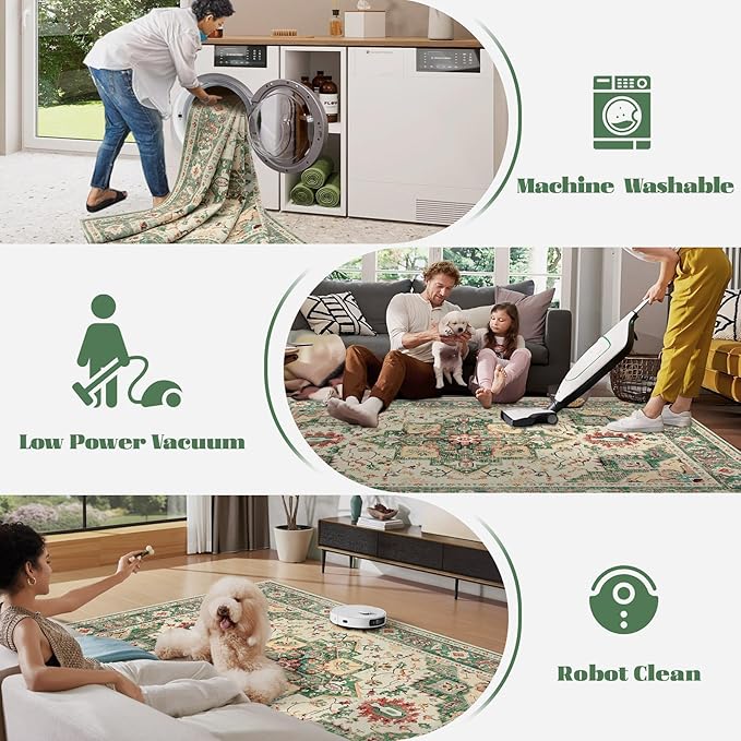 Area Rug 8x10 Washable Rug, Vintage Boho Medallion Rugs Non-Slip Soft Low Pile Large Distressed Rug Indoor Retro Carpet for Living Room Bedroom Dining Room Home Office (Green Beige, 8'x10')