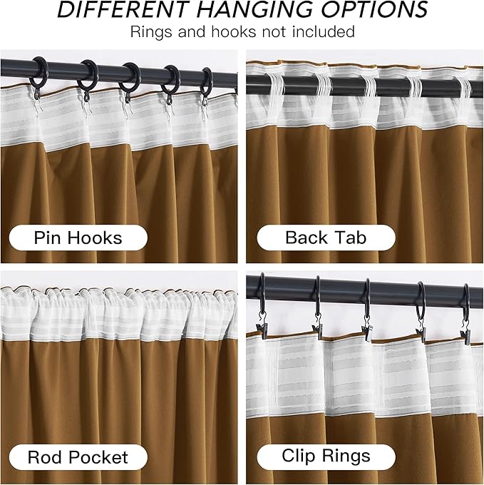 RYB HOME Gold Brown Velvet Curtains 72 inches with Hook Belt, Soft Fabric Room Darkening Thermal Insulated Luxurious Home Decor Curtains for Living Room Bedroom, W 52" x L 72", 2 Panels Set