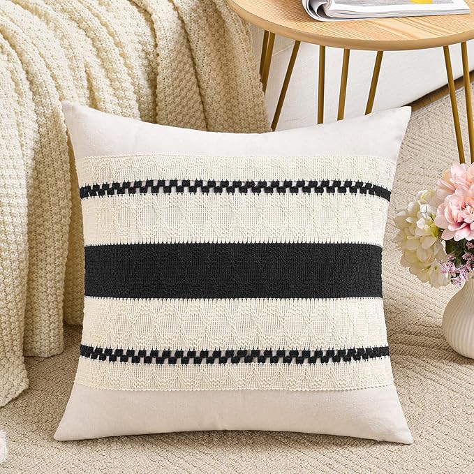 Fancy Homi Set of 1 Boho Black Decorative Throw Pillow Cover 20x20 Inch for Couch Bed Sofa, Aesthetic Modern Organic Farmhouse Home Decor, Soft Cotton Cute Accent Macrame Woven Cushion Case