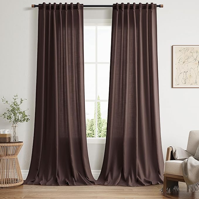 Coffee Brown Linen Curtains for Living Room 94 Inches Long Light Filtering Semi Sheer Curtain Back Tab Rod Pocket Luxury Modern Rustic Home Decor Neutral Drapes for Bedroom Dinner Room 52x94, 2 Panels