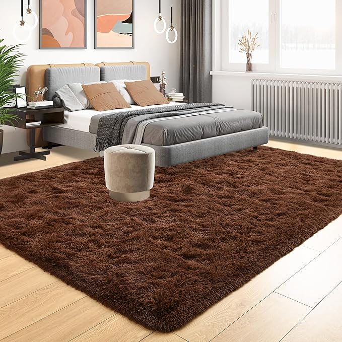 Tepook Super Soft Fluffy Rug for Bedroom, Modern Shaggy Fuzzy Kids Rugs for Living Room, Plush Indoor Nursery Home Decor Dorm Carpet with Non-Slip Bottom, Brown, 4 X 6 Feet