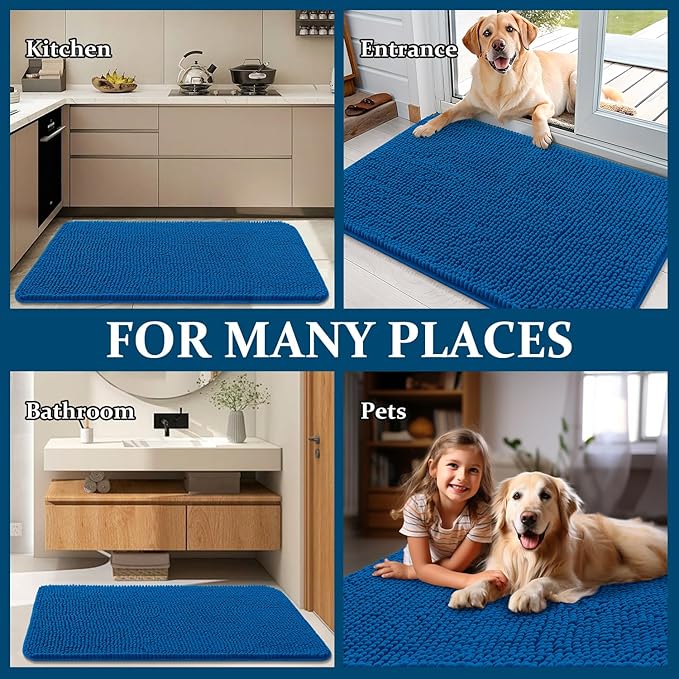 OLANLY Dog Door Mat for Muddy Paws 59x32, Absorbs Moisture and Dirt, Absorbent Non-Slip Washable Doormat, Quick Dry Chenille Mud Mat, Entry Indoor Entryway Carpet for Inside Floor, Deep Navy Blue