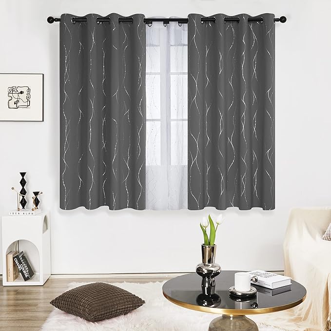 Deconovo Blackout Curtains, Grey Curtain, Thermal Insulated Noise‑Reducing Drape, Wave Line Dot Foil Print, 52 x 45 Inch, 2 Panels, Machine‑Washable Curtain Drapes for Kitchen Nursery Small Window