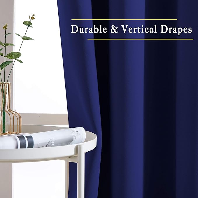NICETOWN Bedroom Blackout 110 inch Curtains for Sliding Glass Door, Grommet Thermal Insulated Solid Window Treatments Sound Reducing for Living Room, W66 x L110, Navy Blue, Set of 2