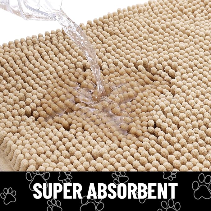 Smiry Dog Door Mat for Muddy Paws, Absorbent Dirt Trapper Non Slip Quick Dry Washable Chenille Mat for Mud Dogs, Entry Rug for Indoor and Outdoor (40x24 Inches, Beige and White)