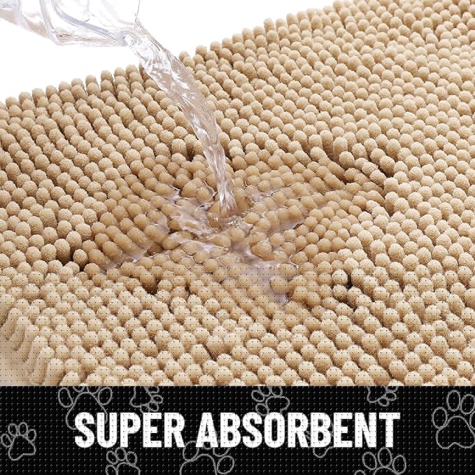 Smiry Dog Door Mat for Muddy Paws, Absorbent Dirt Trapper Non Slip Quick Dry Washable Chenille Mat for Mud Dogs, Entry Rug for Indoor and Outdoor (59x20 Inches, Beige and White)
