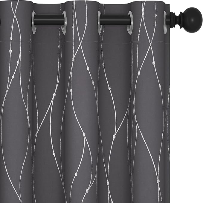 Deconovo Short Curtains Grey, Blackout Kitchen Curtain, Thermal Insulated Soundproof Drapes, Wave Dots Foil Print, 38 x 36 Inches, 2 Panels, Machine‑Washable Privacy Window Panel for Small Windows