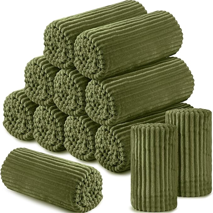 Buryeah 12 Pcs Flannel Throw Blanket Bulk 50 x 60 in Sleepover Blanket Outdoor Wedding Throw Lightweight, Oeko-tex Standard 100 Certified for Sofa Homeless Gifts (Army Green)