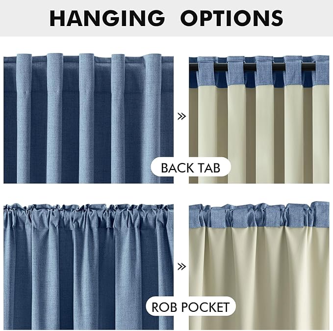 MIULEE 100% Blackout Linen Curtains for Bedroom, Blue Solid Luxury Decor Thermal Insulation Room Darkening Drapes for Living Room Nursery Back Tab Rod Pocket 42 x 96 Inches, 2 Panels
