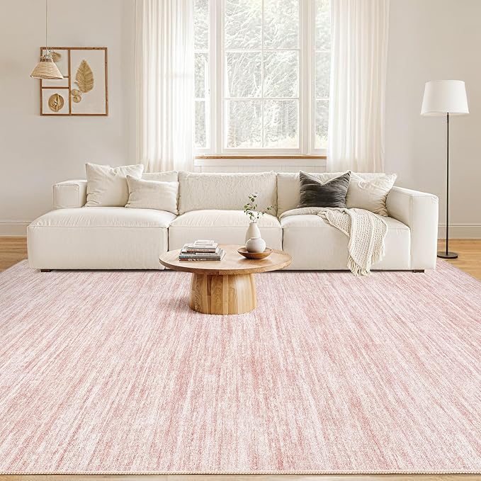 Nakagishi 10x14 Area Rugs Living Room: Washable Large Vintage Rug Neutral Non-Slip Soft Stain Resistant Indoor Carpet for Bedroom Nursery Dining Room Office Playroom - Pink-01