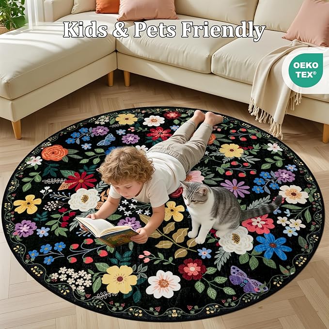 Round Area Rug for Living Room: 4 ft Floral Washable Circle Rug Soft Boho Non-Slip Carpet Indoor Stain Resistant Low Pile Small Circular Rug for Bedroom Entryway Kitchen Nursery Home Office Black