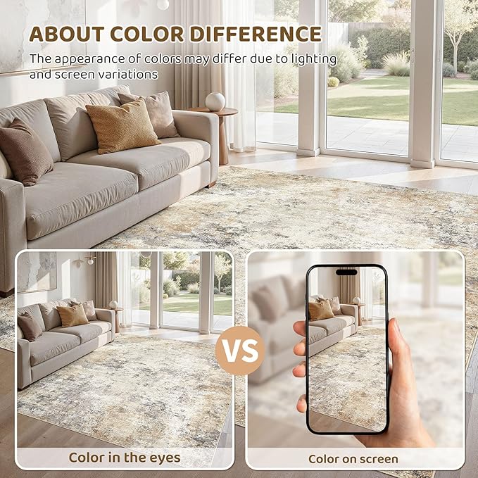 UERMEI 5x8 Area Rug Living Room Rugs - Washable Neutral Modern Abstract Soft Thin Large Rug Indoor Floor No Slip Rug Carpet for Bedroom Under Dining Table Home Office Decor - Golden Grey