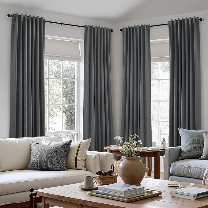 Guken 100% Blackout Curtains 96 Inch Length 2 Panels Set for Living Room Bedroom Back Tab Thermal Insulated Black Out Linen Drapes Room Darkening Blazer Grey,52x96