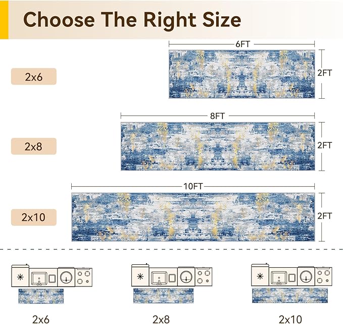 Washable Area Rugs 2'x8' Non-Slip Modern Abstract Soft for Living Room Entryway Bedroom Nursery, Print Pattern, Grey Blue Gold/Golden