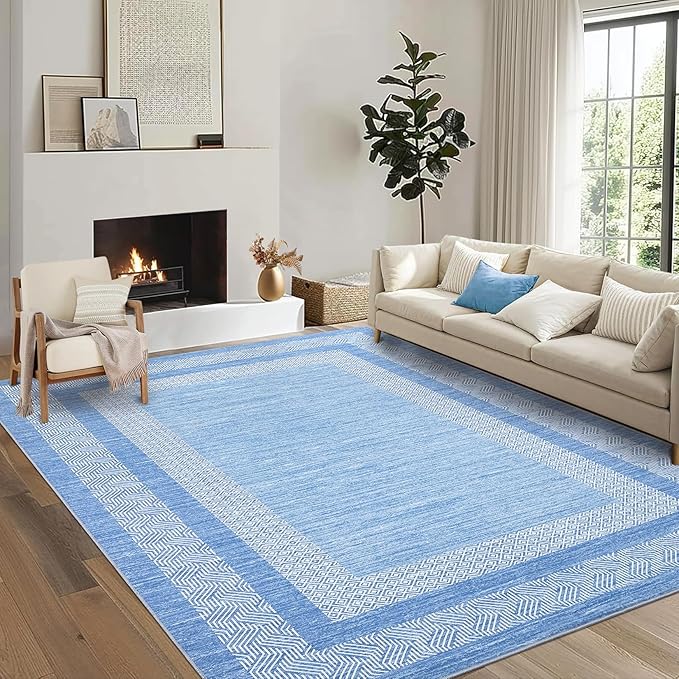 GarveeHome 8x10 Large Washable Area Rug Modern Bordered Distressed Geometric Floor Carpet, Soft Non Slip Low Pile Non Shedding Indoor Light Blue Carpet for Bedroom, Living Room