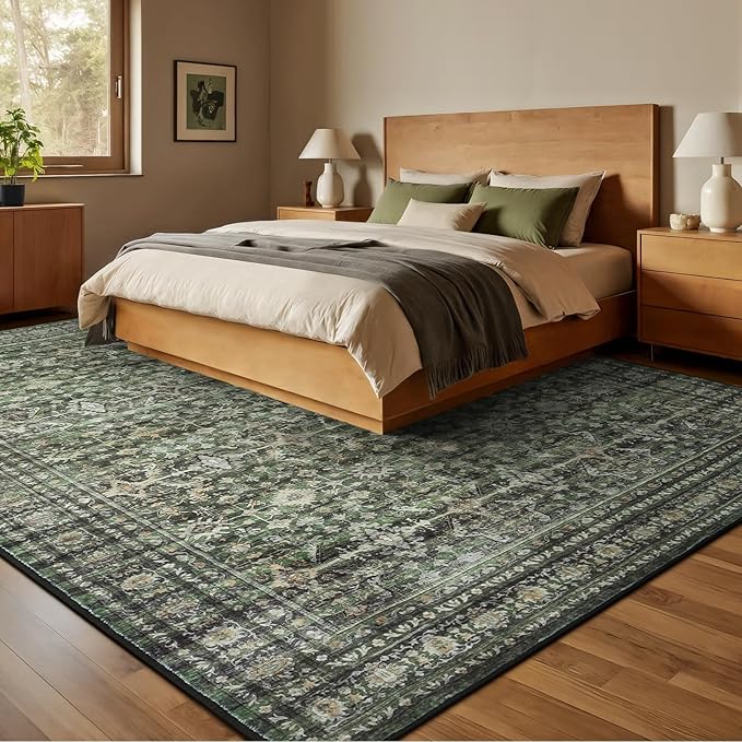 Lofus 10x14 Area Rug for Living Room,Green Washable Large Rugs with Non-Slip Backing,Soft Boho Carpets for Bedroom Dining Room Home Office Indoor Nursery