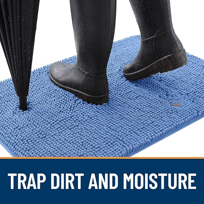 OLANLY Dog Door Mat for Muddy Paws 30x20, Absorbs Moisture and Dirt, Absorbent Non-Slip Washable Doormat, Quick Dry Chenille Mud Mat, Entry Indoor Entryway Carpet for Inside Floor, Cornflower Blue