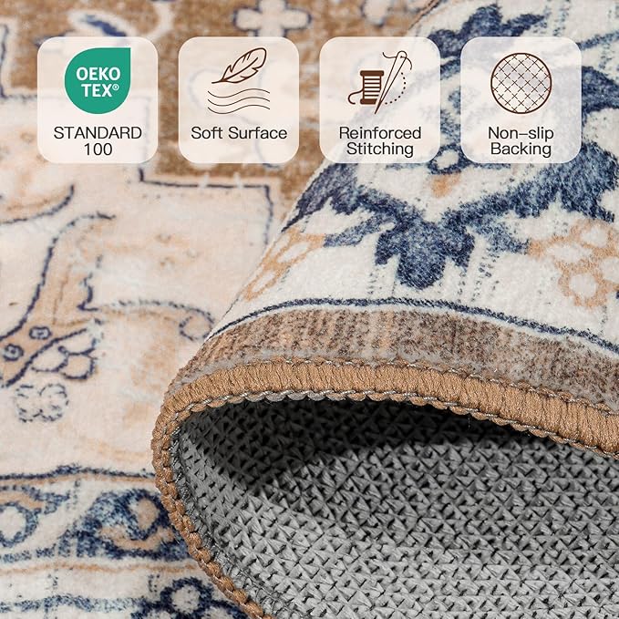 Lofus 5x7 Area Rugs for Living Room, Washable Area Rug, Rugs for Bedroom, Kitchen, Vintage Boho Carpet, Soft Non-Slip, Low Pile Large Area Rug for Office Dining Room, Floral Brown