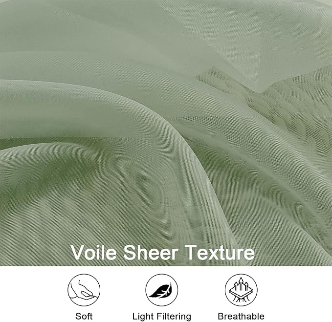 OWENIE Sage Green Sheer Curtains, Sheer Curtains 96 inches Long 2 Panels Set, Rod Pocket Voile Fimly Sheer Drapes for Living Room/Bedroom, 2pcs, Each 59" W x 96" L