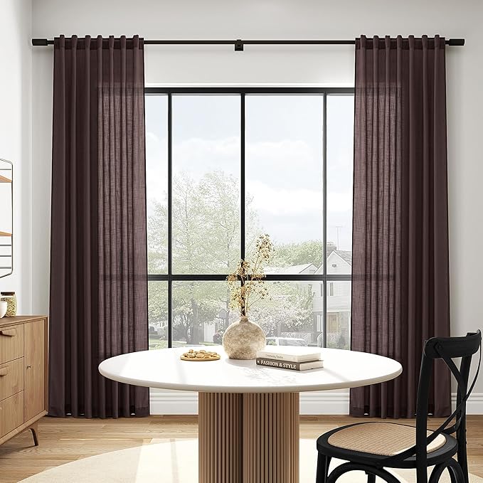 Coffee Brown Linen Curtains for Living Room 98 Inches Long Light Filtering Semi Sheer Curtain Back Tab Rod Pocket Luxury Modern Rustic Home Decor Neutral Drapes for Bedroom Dinner Room 52x98, 2 Panels