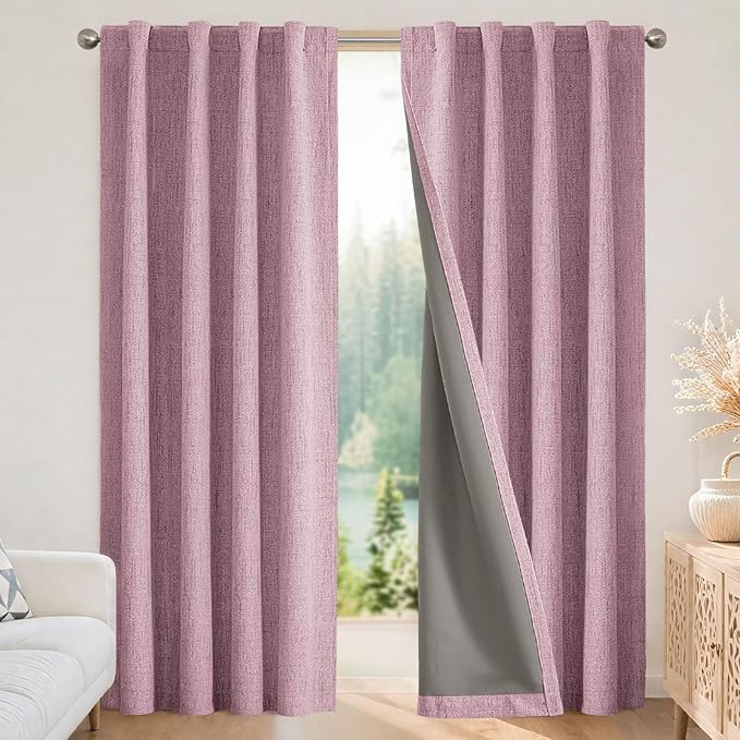 Joydeco Linen Blackout Curtains for Bedroom - 100% Light Blocking 1 Panels, Pink Drapes 70" W x 96" L, Thermal Insulated Room Darkening Curtains for Living Room, Rod Pocket & Back Tabs