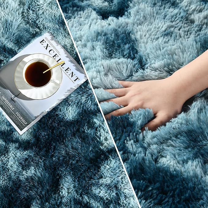 Deerhoo Shag Area Rug, 4 X 6 Tie-Dyed Plush Fuzzy Rugs for Living Room, Ultra Soft Fluffy Furry Rug for Bedroom, Indoor Carpet Nursery Rugs for Kids Room Home Decor, Peacock Blue