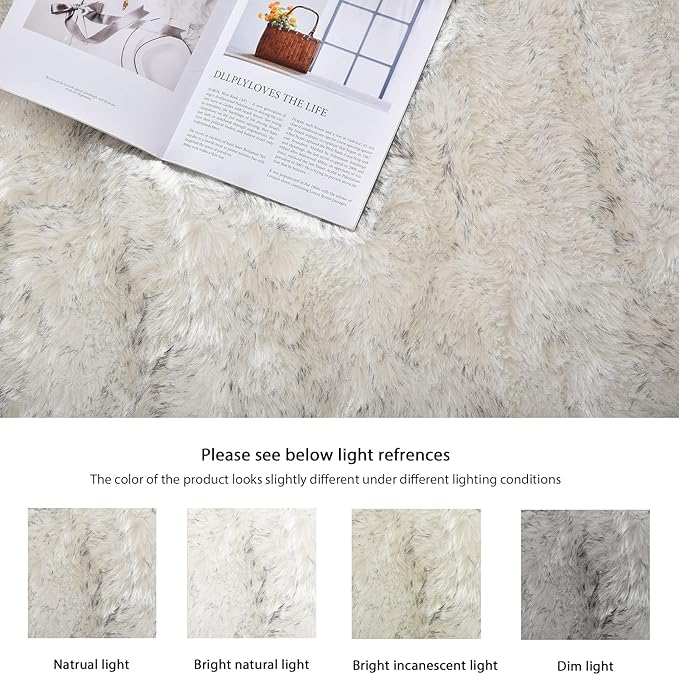 ORINOVA White and Grey Round Rugs 6ft Circle Furry Rug for Living Room Washable Shag Faux Sheepskin Fluffy Fur Rugs for Bedroom Nursery Rug
