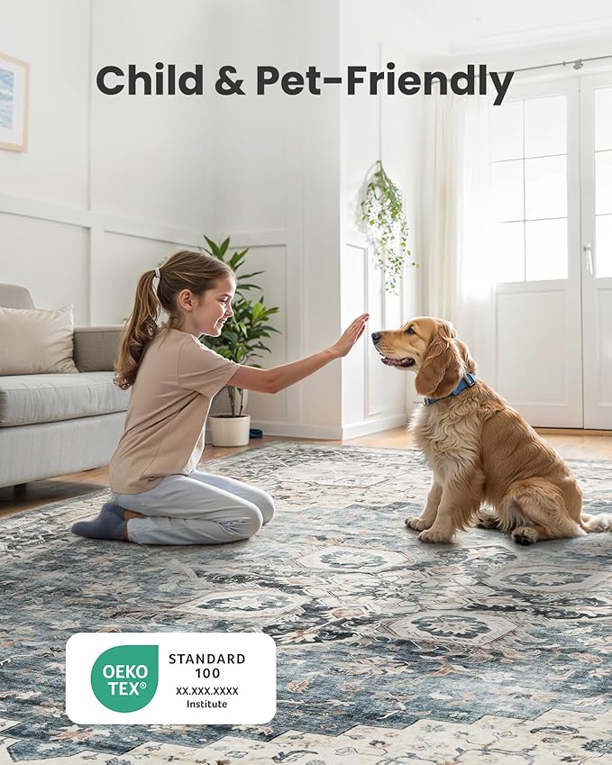 AMADA HOMEFURNISHING 2'6"x10' Washable Area Rug, Low-Profile Entryway Rug with Non-Slip Backing & Durable Edge Binding, Vintage Rug Pattern, Small Rugs for Entryway, Kitchen & Living Room