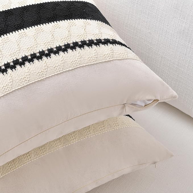 Fancy Homi Set of 1 Boho Black Decorative Throw Pillow Cover 22x22 Inch for Couch Bed Sofa, Aesthetic Modern Organic Farmhouse Home Decor, Soft Cotton Cute Accent Macrame Woven Cushion Case