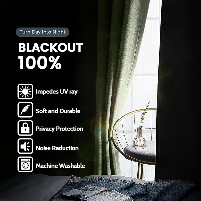 SimpleHome 100% Blackout Curtains for Bedroom,Thermal Insulated Sage Grommet Window Drapes Room Darkening Curtains for Living Room with Black Back,38 x 63 Inch,2 Panels