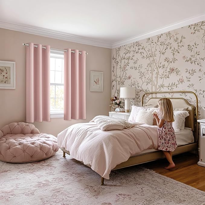 MIULEE Baby Pink Blackout Curtains for Girls Bedroom Living Room 68 Inches Long 2 Panels, Nursery Thermal Insulated Room Darkening Drapes Solid Grommet Top Noise Reducing Window Curtains 40x68 Inch