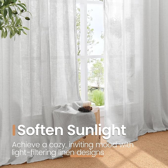 BGment Light Grey Linen Curtains 96 Inch Length for Living Room, Extra Long Window Drapes Lightweight Rustic Semi Sheer Textured for Bedroom Rod Pocket, 2 Panels Set, 52 Inch Wide