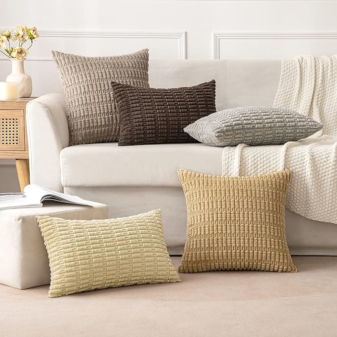 MIULEE Pack of 2 Corduroy Decorative Throw Pillow Covers 18x18 Inch Soft Boho Striped Pillow Covers Modern Farmhouse Home Decor for Sofa Living Room Couch Bed Beige