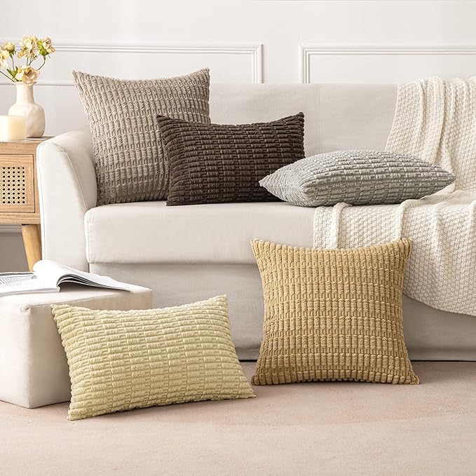 MIULEE Pack of 2 Corduroy Decorative Euro Sham Throw Pillow Covers 24x24 Inch Soft Boho Striped Pillow Covers Modern Farmhouse Home Decor for Sofa Living Room Couch Bed Light Brown