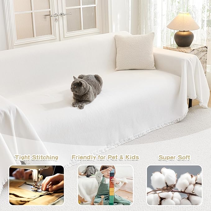 MYSKY HOME Couch Cover for Dogs Washable Couch Covers Couch Covers for Sofa Couch Cover 2 Cushion Sofa Non Slip Dogs Furniture Protector with Tassels Chenille Sofa Covers for Pets, 71"x102", White