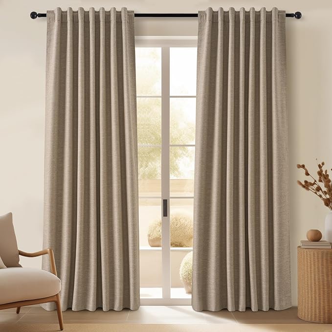 Topfinel Taupe Burlap Linen Blackout Curtains 63 Inches Long 2 Panels for Small Window Boho Farmhouse Linen Blend Texture Insulated Hook Belt Back Tab Pocket Pleated Drapes Fall Home Decor(W52 x L63)