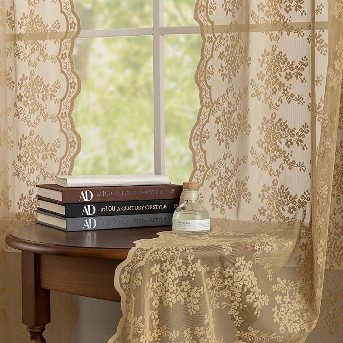 YJ YANJUN Vintage Lace Curtains 72 Inches Long-Victorian Floral Pattern Tan Sheer Curtain Panels for Living Room Bedroom,Light Filtering, Rustic Farmhouse Neutral Decor 2 Panels 52W x 72L Taupe