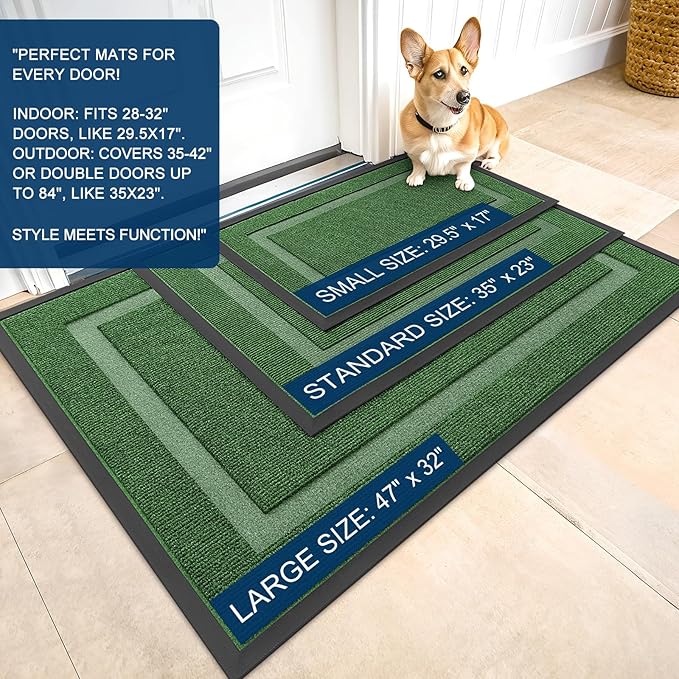 OLANLY Front Door Mat Indoor Outdoor Entrance, Waterproof All-Season, All-Weather Doormat, Sturdy Natural Rubber, Fade Resistant, Low Profile, Easy Clean Patio Porch Entryway Mat, 47x23, Green