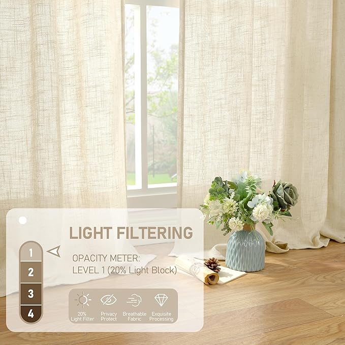 LAMIT Beige Linen Curtains 45 Inches Long for Bedroom, Light Filtering Panels Back Tab and Rod Pocket Neutral Drapes for Kitchen/Window/Loft Room, 52 x 45 Inch, 2 Panels
