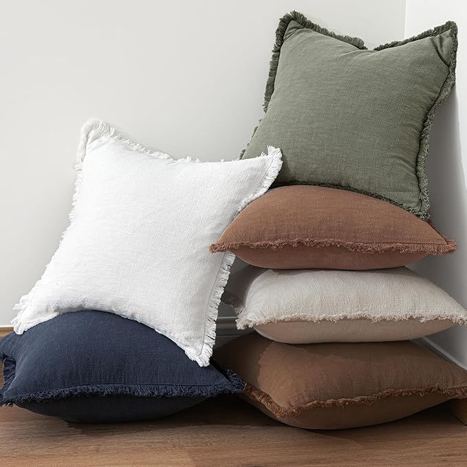 MIULEE Decorative Throw Pillow Covers Neutral Linen Fringe Throw Pillows Set of 2 Dark Coffee Boho Farmhouse Cushion Covers with Tassels for Couch Sofa Bed Living Room Spring Home Decor 20x20 Inch