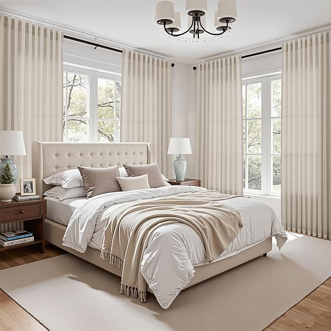 Boho Linen Curtains for Living Room 98 Inches Long Light Filtering Semi Sheer Curtain Back Tab Boho Eclectic Home Decor Elegant Luxury Farmhouse Drapes for Bedroom Dinner Room 52x98, 2 Panels
