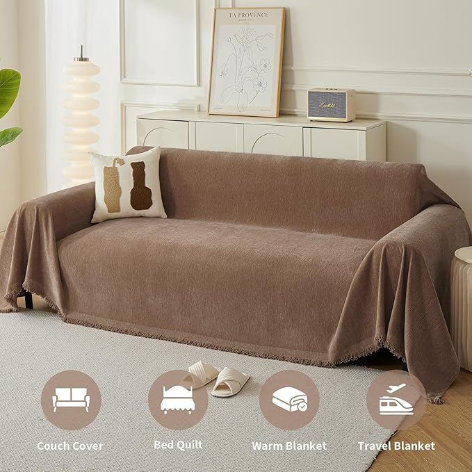 Couch Cover for Dogs, Boho Sofa Covers for 2 Cushion Couch, Chenille Sofa Slipcover for Pets Washable, L-Shape Sectional Couch Loveseat Cover Soft Throw Blankets with Tassels(71x102,Coffee)