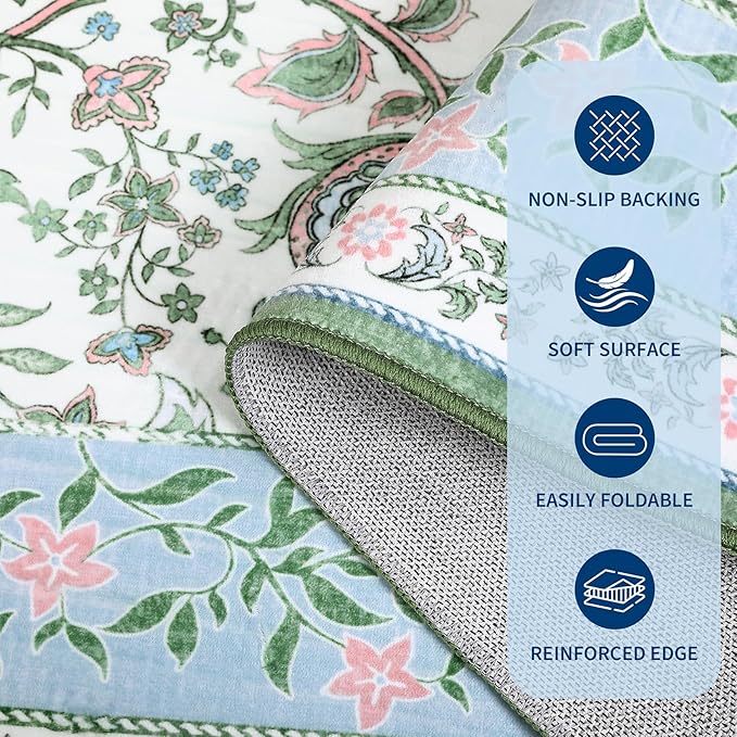 GarveeHome Blue Green Pink Washable 6x9 Area Rugs, Botanical Grove Vintage Cottagecore Non-Slip Rug for Living Room Bedroom Nursery Kitchen Low-Pile Retro Large Carpet