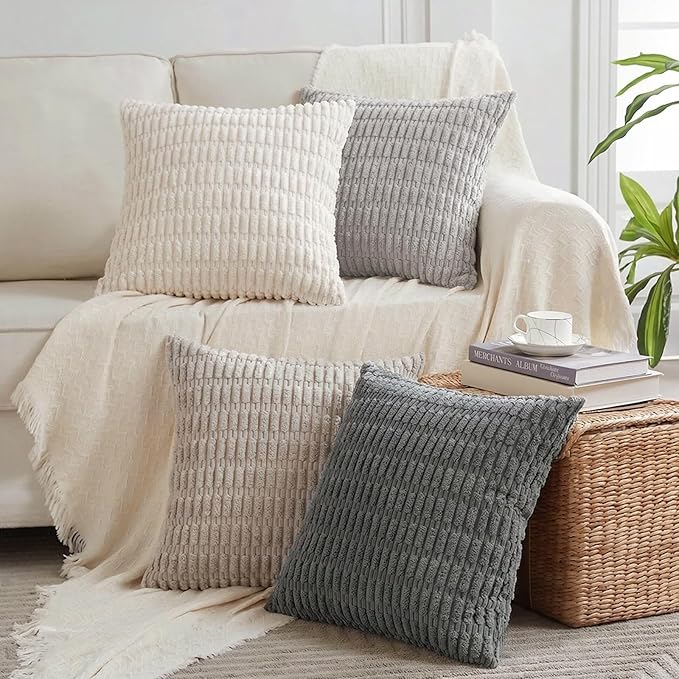 Fancy Homi Set of 4 Grey and White Boho Decorative Throw Pillow Covers 22x22 Inch for Couch Bed Sofa, Aesthetic Modern Bohemian Room Decor, Soft Fuzzy Cozy Corduroy Textured Cushion Case 55x55cm